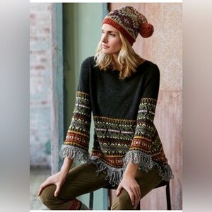Peruvian Connection Black and Multicolor Alpaca Wool Fringe Sweater XL